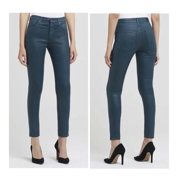 AG Adriano Goldschmied Teal The Farrah Skinny Ankle Mid Rise Leatherette Jeans - Picture 1 of 14